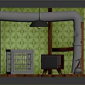 Vintage Room Corner With Green Patterned Wallpaper Silver Pipes Wooden Floor Metal Cage Radio Lantern