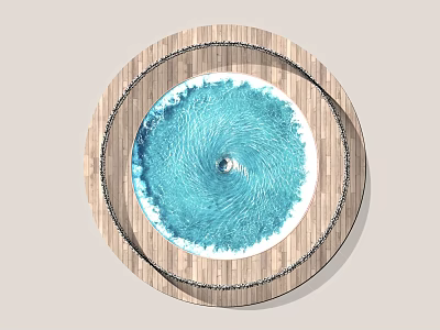 Artistic Circular Sculpture with Wooden Deck and Blue Swirling Water Design 3d model