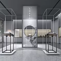 Modern Exhibition Hall Interior With Glass Partitions Display Tables And Calligraphy Decorations