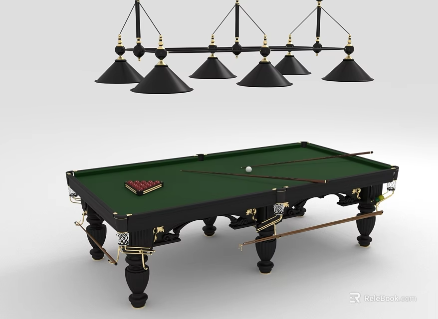Professional Billiard Table With Green Felt Pool Cues Scoreboard And Pendant Lights 3d model 