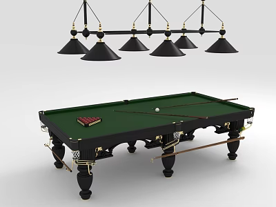 Professional Billiard Table With Green Felt Pool Cues Scoreboard And Pendant Lights 3d model
