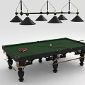 Professional Billiard Table With Green Felt Pool Cues Scoreboard And Pendant Lights