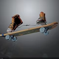 Stylish Orange And Blue Skateboard With Blue Wheels And Red Orange Shoes