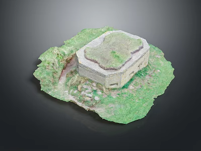 Grass Roof Building Model With Green Landscape And Stone Wall Design Features 3d model