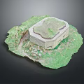 Grass Roof Building Model With Green Landscape And Stone Wall Design Features