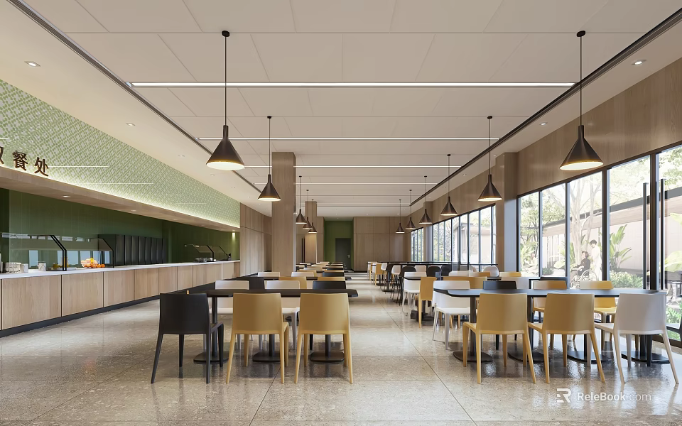 Modern Restaurant Interior With Dining Tables Chairs Pendant Lights And Large Windows 3d model 
