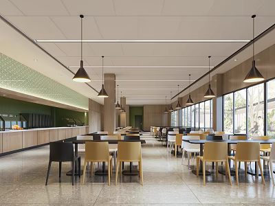 Modern Restaurant Interior With Dining Tables Chairs Pendant Lights And Large Windows 3d model