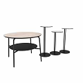 Round Wooden Dining Table With Black Metal Frame And Marble Accent Side Tables