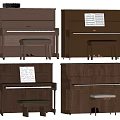 Various Styles Of Wooden Pianos With Stools And Music Sheets
