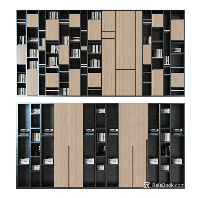 Modern Wooden Bookcase Design With Black Open Shelves And Closed Cabinets 3d model 