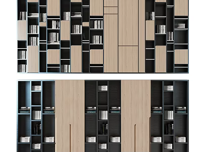 Modern Wooden Bookcase Design With Black Open Shelves And Closed Cabinets 3d model