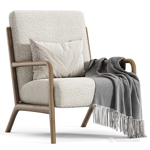 Comfortable Leisure Chair With Wooden Frame Light Textured Upholstery Matching Pillow And Gray Fringed Blanket 3d model 