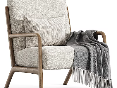 Comfortable Leisure Chair With Wooden Frame Light Textured Upholstery Matching Pillow And Gray Fringed Blanket 3d model
