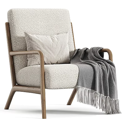 Comfortable Leisure Chair With Wooden Frame Light Textured Upholstery Matching Pillow And Gray Fringed Blanket 3d model