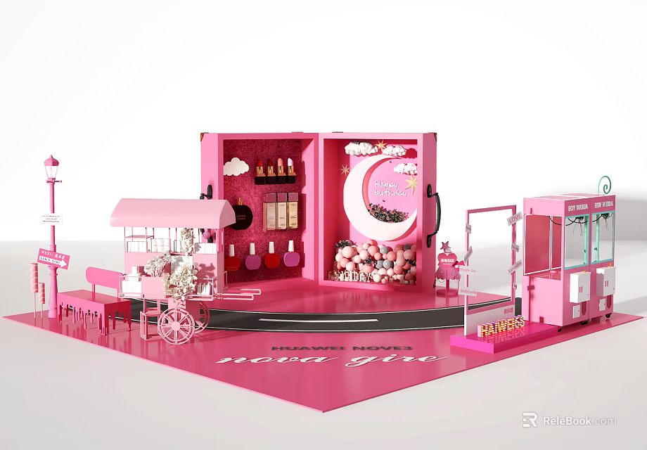 Pink Themed Display Scene With Cute Items Cart And Ice Cream Truck Decorations 3d model 