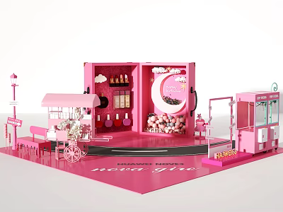 Pink Themed Display Scene With Cute Items Cart And Ice Cream Truck Decorations 3d model