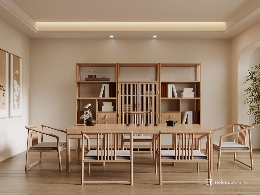 Cozy Wooden Study Room Interior Design With Bookshelves Table Chairs And Plant 3d model 