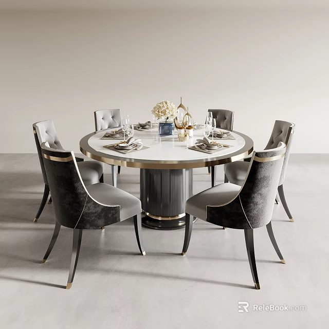 Elegant Modern Round Dining Table With Marble Top Black Base And Six Grey Velvet Chairs 3d model 