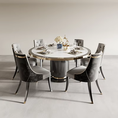 Elegant Modern Round Dining Table With Marble Top Black Base And Six Grey Velvet Chairs 3d model