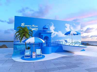 Summer Moon Seaside Scene With White Umbrellas Palm Tree Blue Building Chairs And Boat 3d model