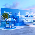Summer Moon Seaside Scene With White Umbrellas Palm Tree Blue Building Chairs And Boat