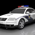 White Police Car With Red And Blue Emergency Lights On Top And Side Police Badges