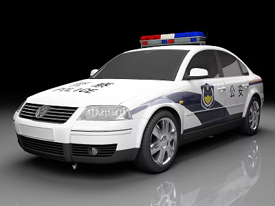 White Police Car With Red And Blue Emergency Lights On Top And Side Police Badges 3d model