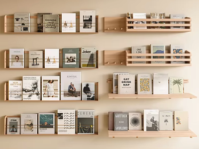Varied Books And Magazines Neatly Arranged On Wooden Shelves Against Beige Wall 3d model