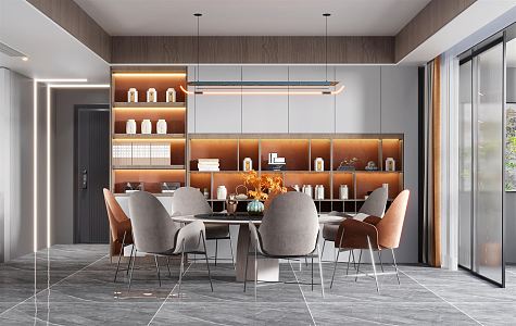 Modern Restaurant Sideboard Restaurant Wine Cabinet Restaurant Chandelier Dining Table and Chair Combination Restaurant Round Table Combination 3d model