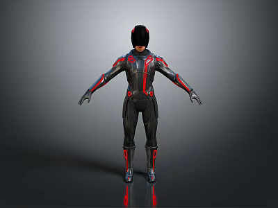 Futuristic Superhero Costume Design Featuring Black Red Armor Helmet And Arms Outstretched 3d model