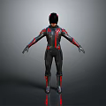 Futuristic Superhero Costume Design Featuring Black Red Armor Helmet And Arms Outstretched