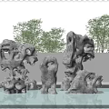Outdoor Porous Stone Sculptures with Water Reflection and Green Trees in Garden Landscape