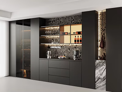 Black Modern Wine Cabinet With Glass Doors Shelves And Marble Accents 3d model