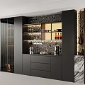 Black Modern Wine Cabinet With Glass Doors Shelves And Marble Accents