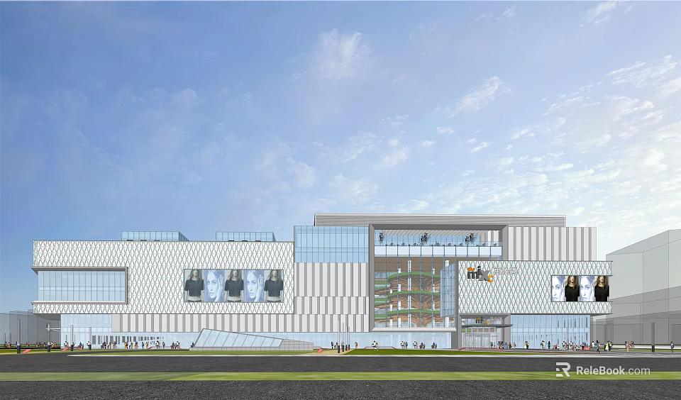 Modern Commercial Complex Featuring Glass Curtain Wall Geometric Facade Pedestrian Zones And Open Retail Areas 3d model 