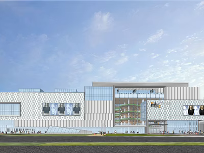 Modern Commercial Complex Featuring Glass Curtain Wall Geometric Facade Pedestrian Zones And Open Retail Areas 3d model