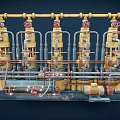 Industrial Pipeline System With Yellow Pipelines Valves And Multiple Cylindrical Units