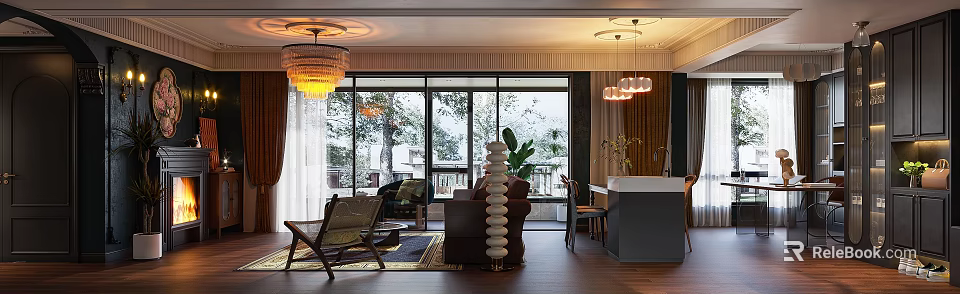 Modern Living Dining Room With Sofa Dining Table Pendant Lights Windows And Natural Light 3d model 