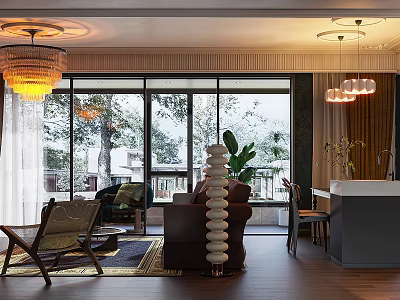 Modern Living Dining Room With Sofa Dining Table Pendant Lights Windows And Natural Light 3d model