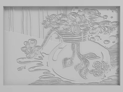 Gray Tone Background Wall With Hand Drawn Vase Flowers And Water Droplets 3d model