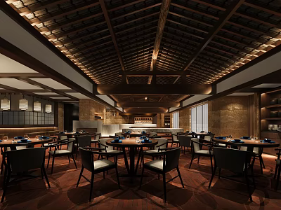 Traditional Chinese Restaurant Interior With Wooden Ceiling Warm Lighting And Tables Chairs 3d model