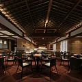 Traditional Chinese Restaurant Interior With Wooden Ceiling Warm Lighting And Tables Chairs