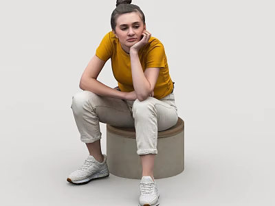 Young Girl In Yellow T-Shirt Beige Pants Sitting On Cylindrical Stool White Sneakers Gray Background 3d model