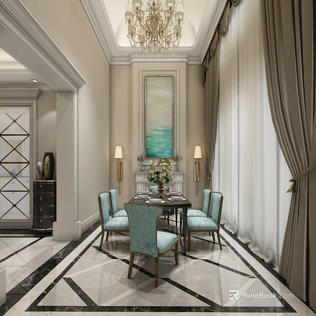 Elegant Restaurant Interior With Blue Chairs Dining Table Wall Painting Chandelier And Marble Floor 3d model 