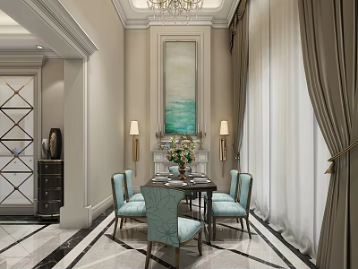 Elegant Restaurant Interior With Blue Chairs Dining Table Wall Painting Chandelier And Marble Floor 3d model