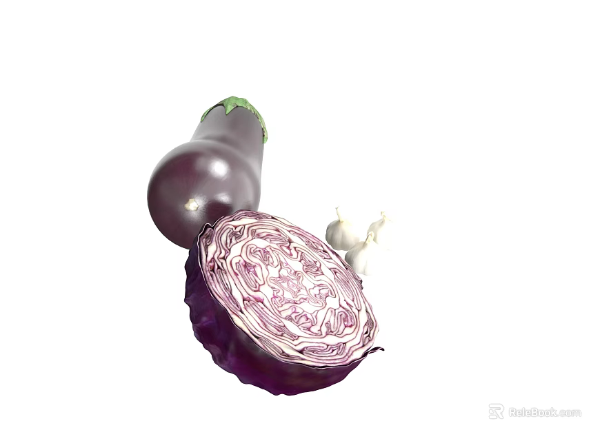 Fresh Eggplant and Red Cabbage with Whole and Sliced Parts on White Background 3d model 