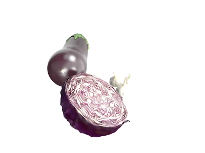 Fresh Eggplant and Red Cabbage with Whole and Sliced Parts on White Background 3d model