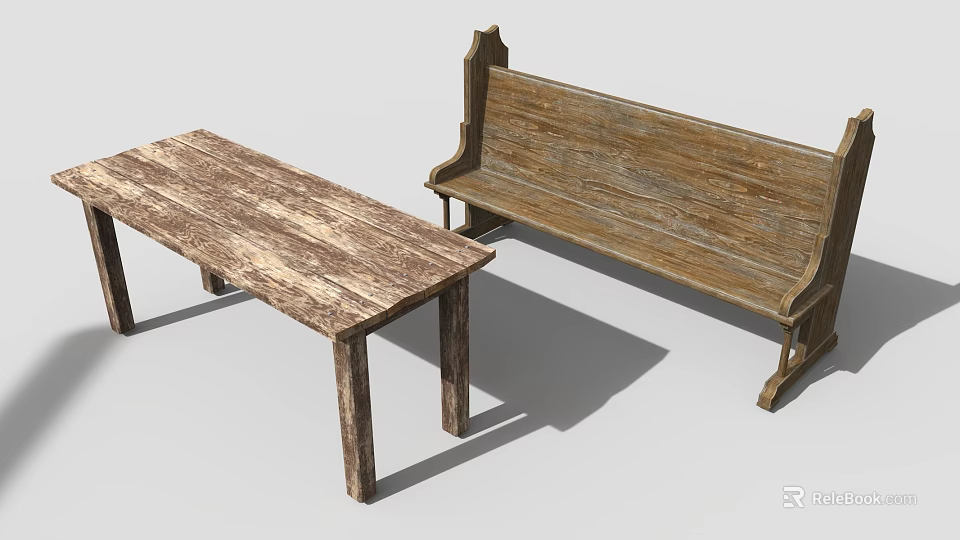 Vintage Wooden Table And Bench Set With Distressed Texture And Carved Backrest 3d model 
