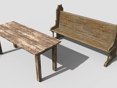 Vintage Wooden Table And Bench Set With Distressed Texture And Carved Backrest 3d model