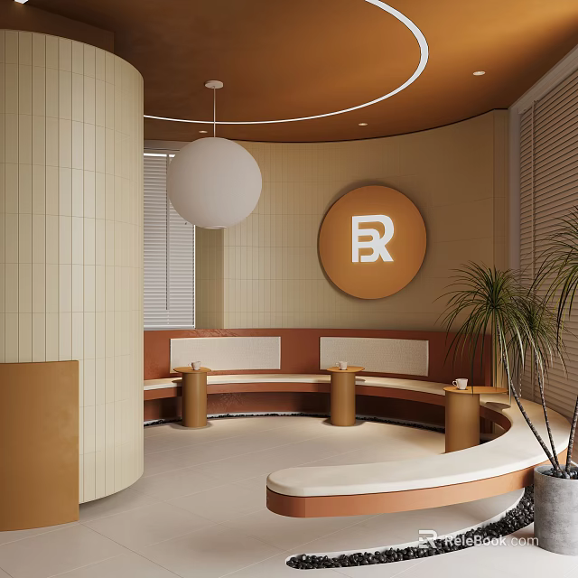 Contemporary Indoor Lounge With Curved Banquette Round R Logo Pendant Light And Plant 3d model 